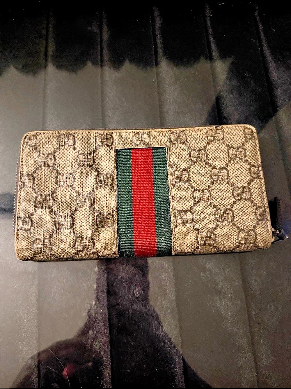 Gucci GG Supreme Bee Web Zip Around Wallet Brown & Green